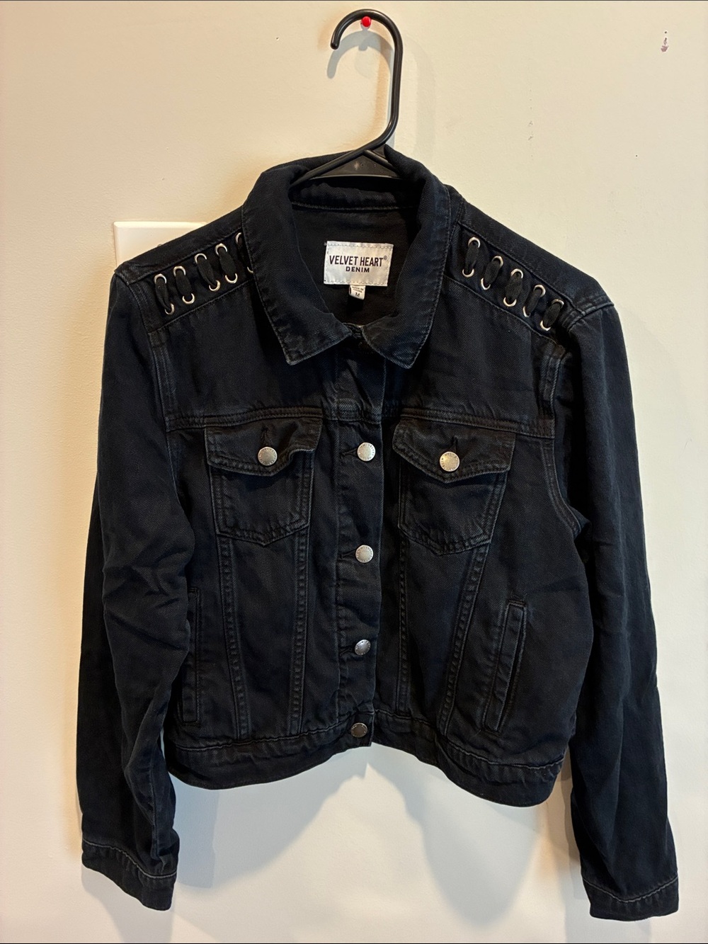 Velvet Heart Black Denim Jacket with Grommet Shoulder Detail